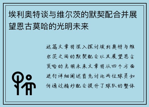 埃利奥特谈与维尔茨的默契配合并展望恩古莫哈的光明未来